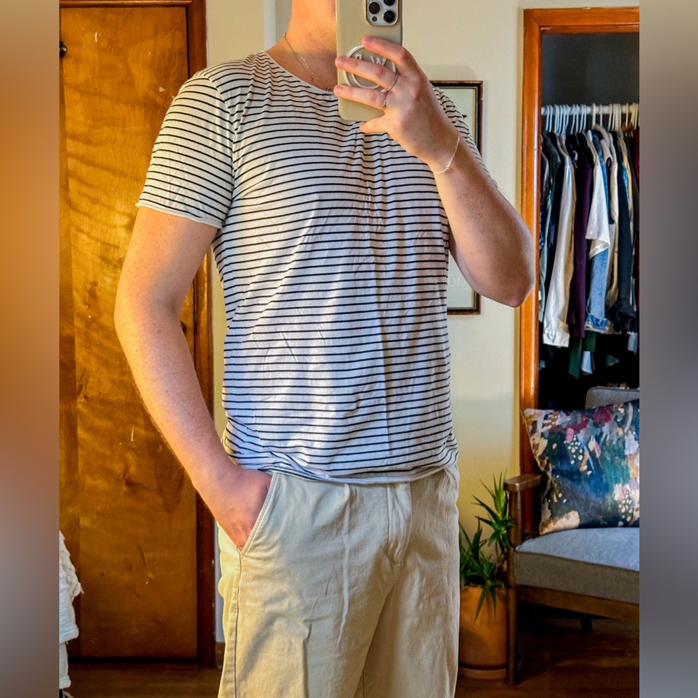 COS Black and White Striped Boat Neck T-Shirt